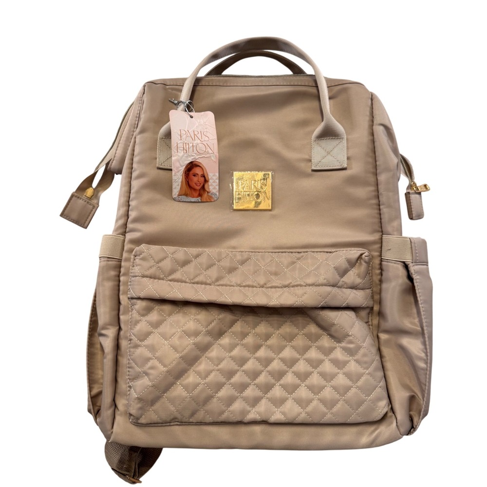 Paris Hilton Quilted Nylon Backpack Tan Beige Gold Logo Travel School Diaper Bag